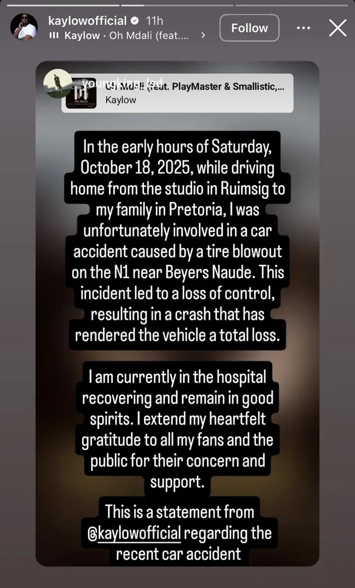 Kaylow hospital recovery, South African soul singer, Johannesburg car crash, musician Kelello Segoana, Kaylow 2025 accident update, SA entertainment news, Joburg ETC