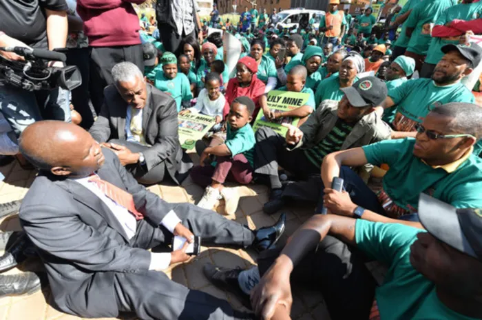 18/08/2016 AMCU President,Joseph Mathuntjwa points at officials from Department of Mineral Resources during Lilly Mine workers' family members and community members march to the department to urge government to speed up the retrieval of bodies of the three workers trapped in February. Picture: Phill Magakoe