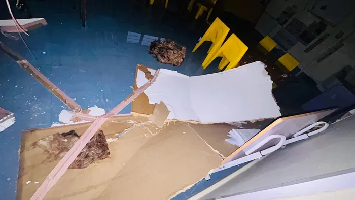 Debris and damaged materials lie scattered on the floor at Philisa Abafazi Bethu in Retreat after severe storms caused extensive structural damage to the shelter’s facilities.