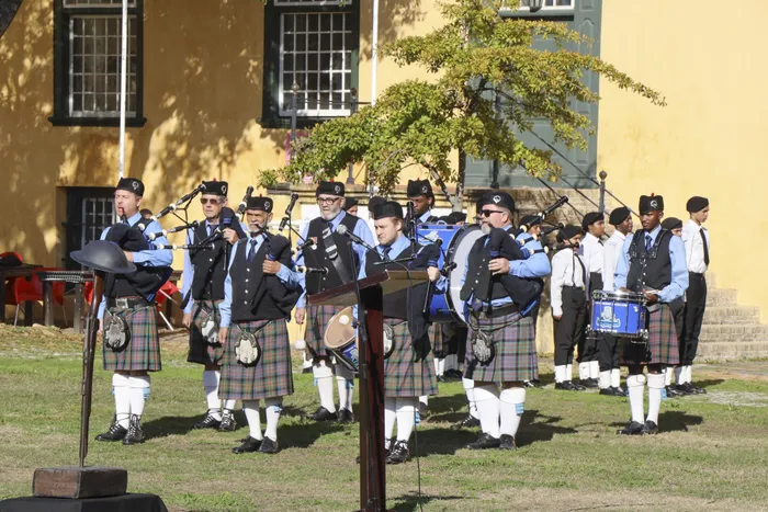 The Cape Garrison Artillery Pipe Band performing at the VE Day Memorial celebrations at the Castle of Good Hope.
