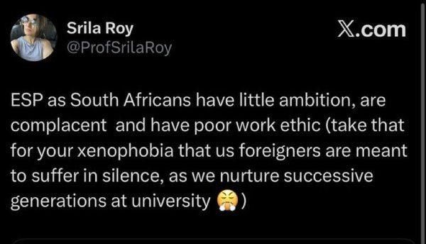 Outrage as Wits professor Srilata Roy labels South Africans lazy and complacent