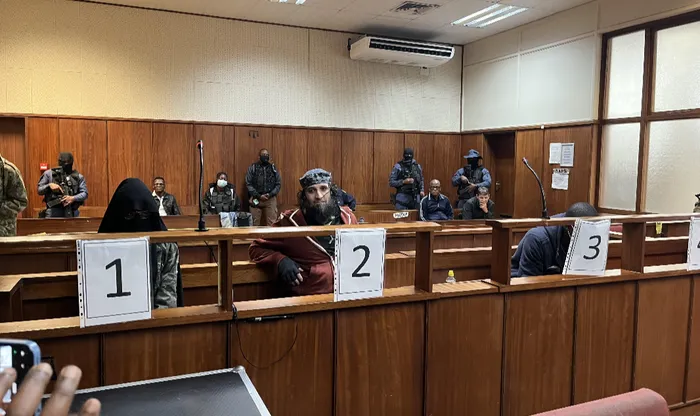 Convicted killers Bibi Fatima Patel, her husband Sayefudeen Aslam Del Vecchio, and Malawian national Mussa Ahmad Jackson during sentencing proceedings at the Durban High Court on Friday.
