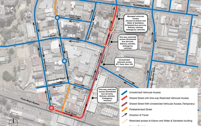 A map illustrating the proposed traffic and pedestrianisation changes on Charl Malan Street.