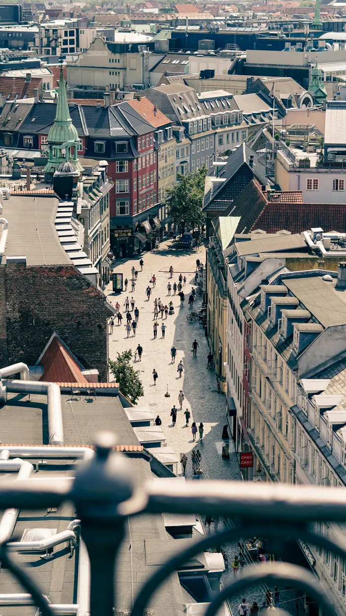 
Copenhagen, Denmark, seen from above: a bustling European street radiating a perfect summer day vibe.
