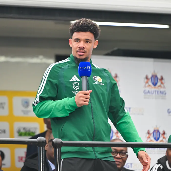 Bafana Bafana captain Ronwen Williams addressing the media upon the team's arrival back home at OR Tambo International Airport on Thursday.