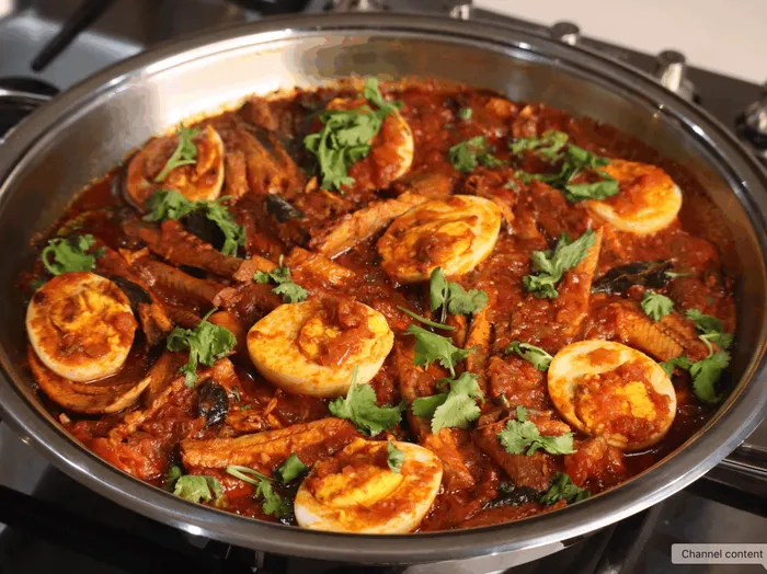 The great Indian breakfast - tinned fish chutney with boiled eggs. 