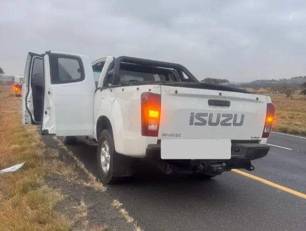 The abandoned Isuzu bakkie linked to the ATDF-ASA secretary general, raising questions about police conduct during the protest.