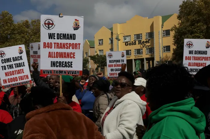 Staff at Gold Reef City Casino protest at the main entrance for a 12% increase but the employer offers 4%. Picture: Timothy Bernard / Independent Newspapers.