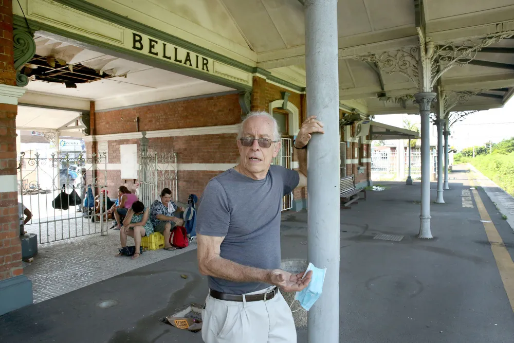 Veteran heritage architect Robert Brusse in the dilapidated Bellair railway station, which was once a gem. In the entrance, local unemployed people pass time in the shade passengers once enjoyed waiting for hourly trains that no longer run. Picture: Shelley Kjonstad/African News Agency(ANA)