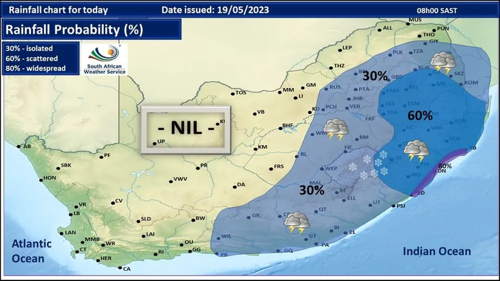 An image from the SA Weather Service on a yellow level 2 warning issued for areas along the KwaZulu-Natal coast.