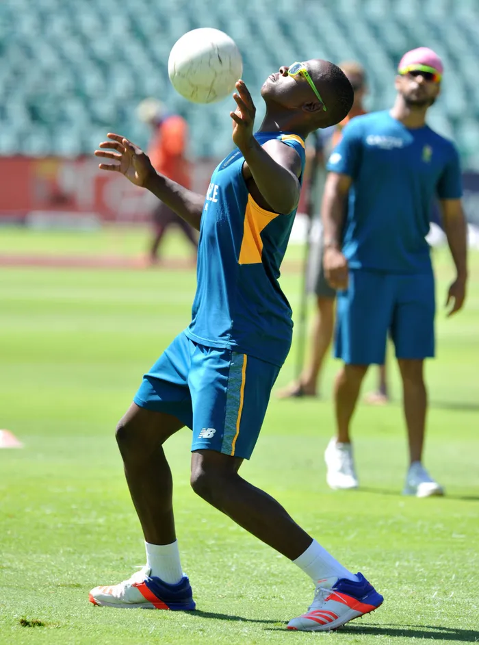 FILE: Proteas fast bowler Kagiso Rabada shows off his football skills. 