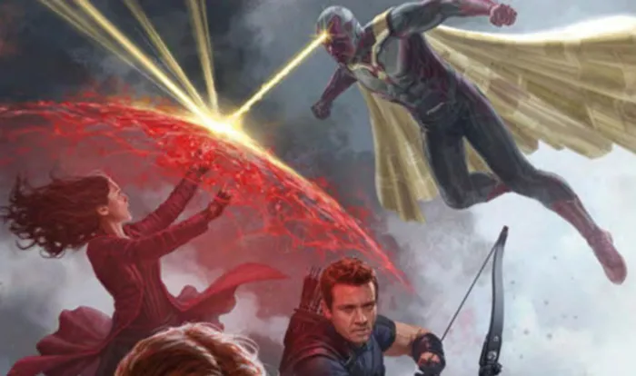 POLISHED: Elizabeth Olsen's Scarlet Witch uses her red energy force fields to shield herself from Paul Bettany's Vision, while Jeremy Renner's Hawkeye readies his bow.