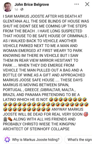 One of the posts that has been circulating online claiming that Markus Jooste is still alive