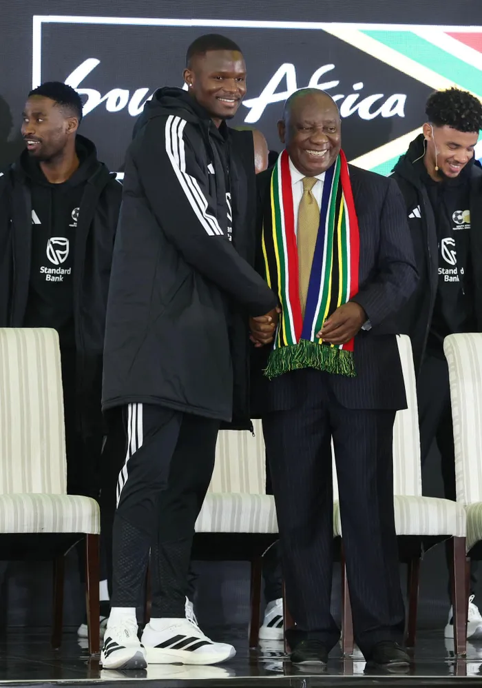 Cyril Ramaphosa (President of South Africa) with Olwethu Makhanya during the 2026 FIFA World Cup South Africa Team Announcement and Send Off ahead of their deprarture to the Americas.