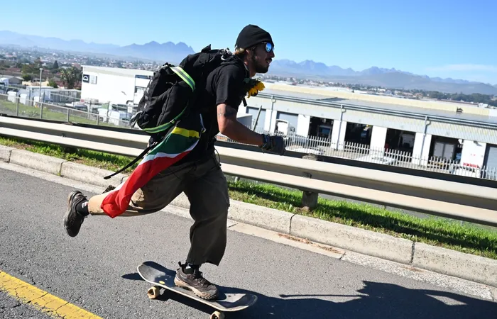 American skateboarder Jason Vanporppal arriving in Cape Town in his skateboard journey across Africa to raise funds for Uganda's first permanent public skatepark. 