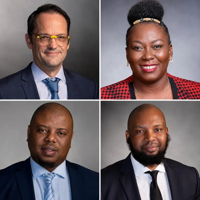 From left: clockwise, Martin Meyer, MEC for the Department of Public Works and Infrastructure, and Nomagugu Simelane, MEC for Health. Bottom left: Sipho Hlomuka, MEC for Education, and Siboniso Duma, MEC for Transport and Human Settlements. 