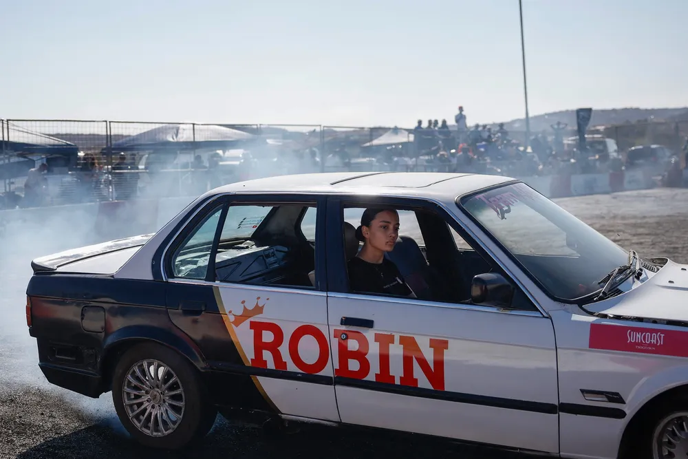 A car driter Robin spins her car during a round of spinning at Wheelz n Smoke Arena.