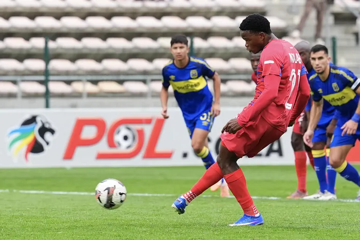 Siphosethu Ndlabi of Milford FC scores the penalty during the PSL Promotion Playoff 2025/26 game against Cape Town City at Athlone Stadium on Tuesday.