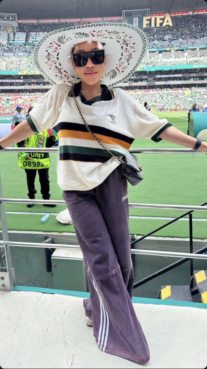 Thando Thabethe supporting Bafana Bafana at the FIFA World Cup opening match against Mexico in Mexico City. 