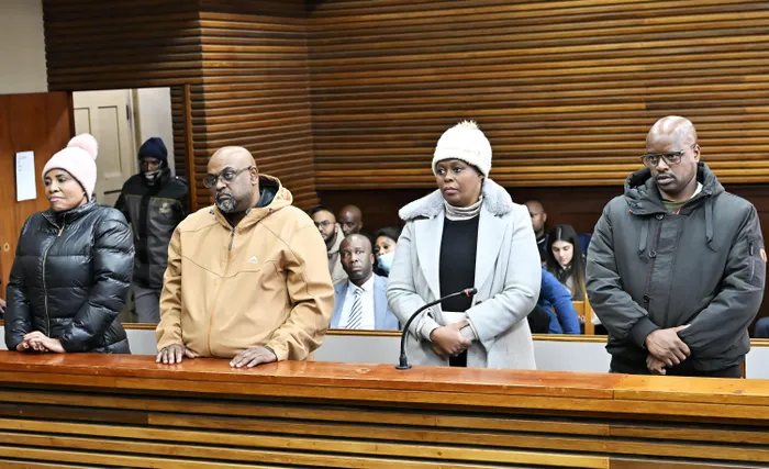 Imogen Mashazi, Kemi Behari, Linda Gxasheka and Julius Mkhwanazi in the Germiston Magistrate's Court. 