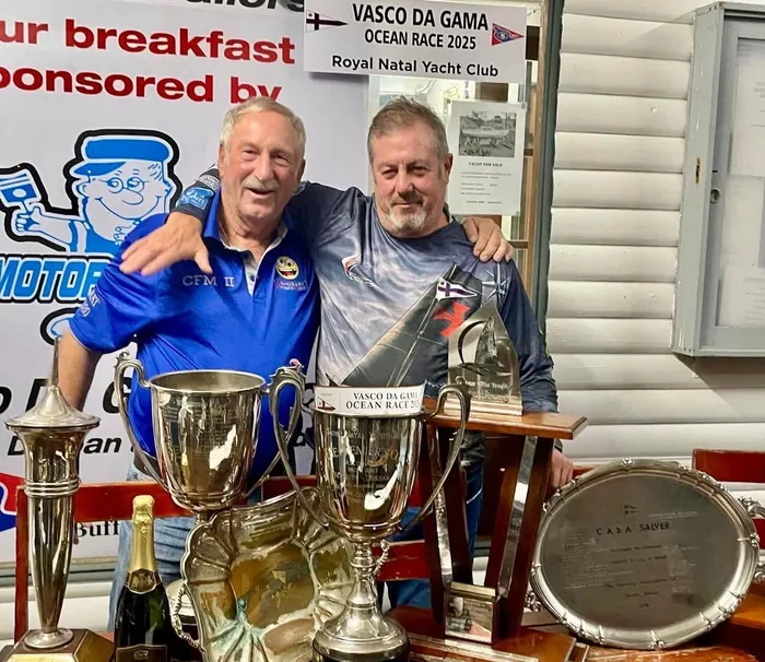Nigel Milln, the skipper of CFM ll (left)  which finished a close second after they were pipped at the post by Peter Blofield the skipper of Regardless 2 , in a two-second photo finish after the 300-nautical-mile race from Durban to East London..