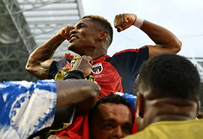 Cape Verde forward Helio Varela celebrates with teammates after scoring his team's second goal during the 2026 World Cup Group H match against Uruguay at Miami Stadium. Photo: AFP