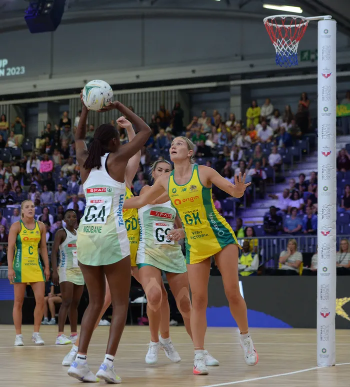 Sesandile Ngubane shoots during last month’s Netball Quad Series game against Australia in Cape Town.