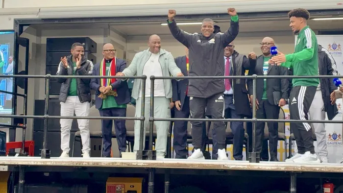 Sports Minister Gayton McKenzie (third from left) has promised Bafana Bafana players performance bonuses after their historic World Cup run, while criticising uninformed ex-players for their negative comments. Picture: Michael Sherman/IOL