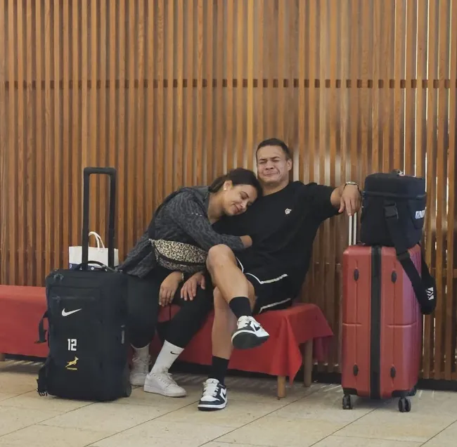 An emotional farewell as Layla and Cheslin Kolbe embrace at the airport as Layla leaves for South Africa. 