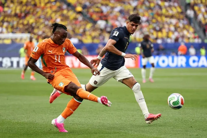 Ivory Coast's forward Yan Diomande kicks the ball past Ecuador's defender Piero Hincapie during the 2026 World Cup Group E football match between Ivory Coast and Ecuador at the Philadelphia Stadium in Philadelphia on June 14, 2026.