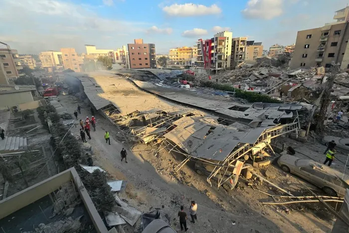 First responders gather at the site of an Israeli strike that hit near a hospital in the southern Lebanese city of Tyre on June 1, 2026.
