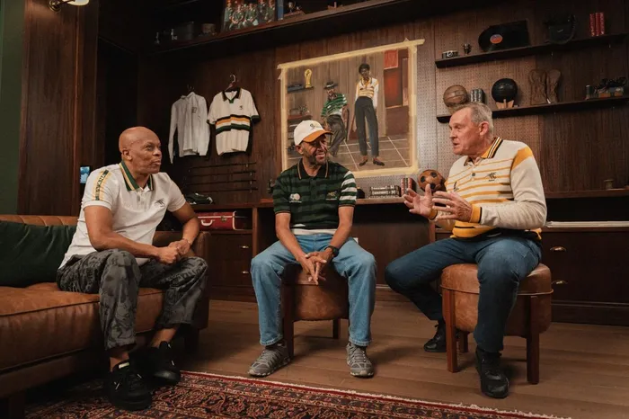 Members of the 1996 Afcon-winning Bafana Bafana side test out the new 1996 Heritage Kit. Seen here: (l-r), Doctor Khumalo, Mark Williams, Neil Tovey. Picture:  Safa/Old School