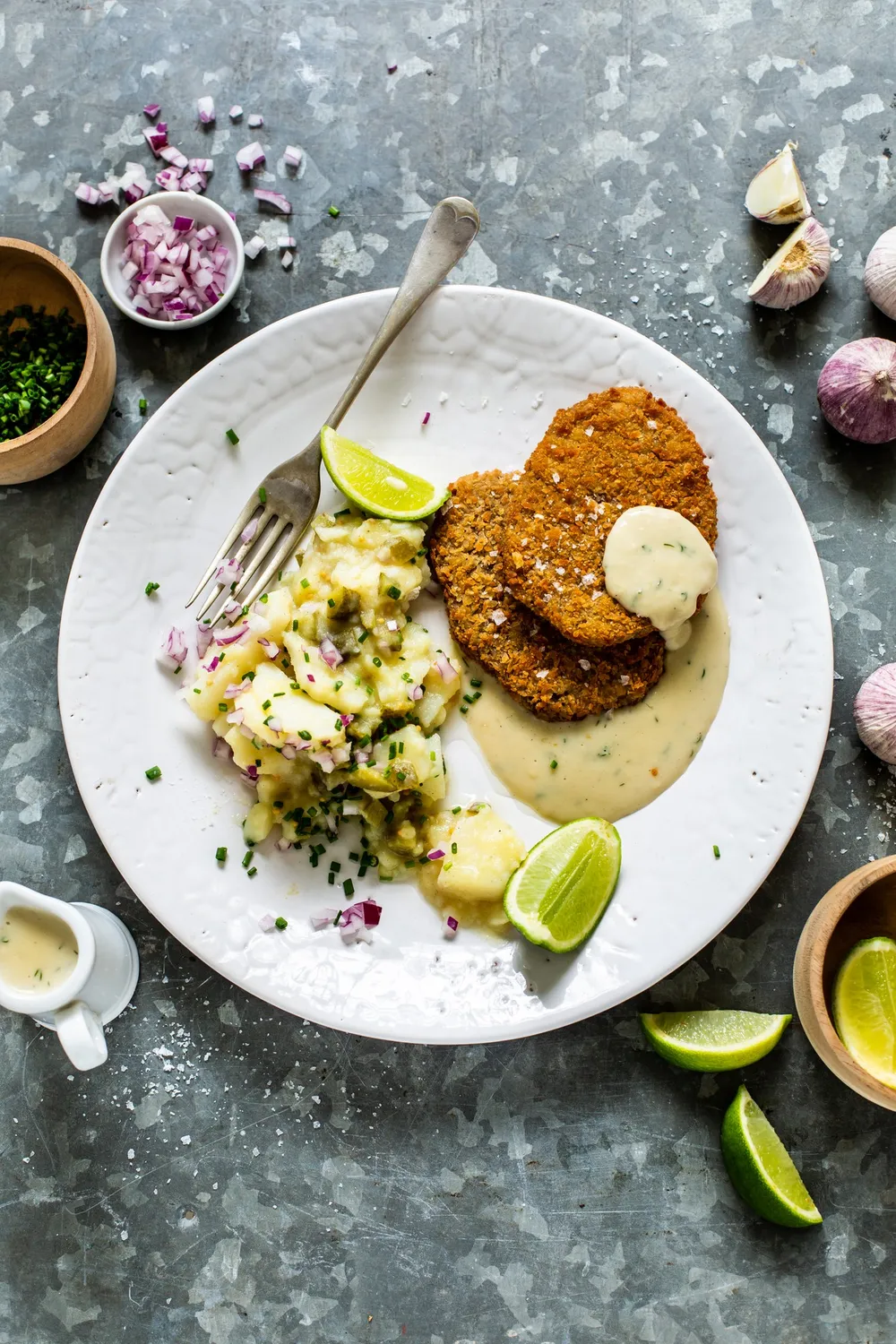 VEGAN SCHNITZELS WITH CREAMY DILL SAUCE AND DAIRY-FREE POTATO SALAD