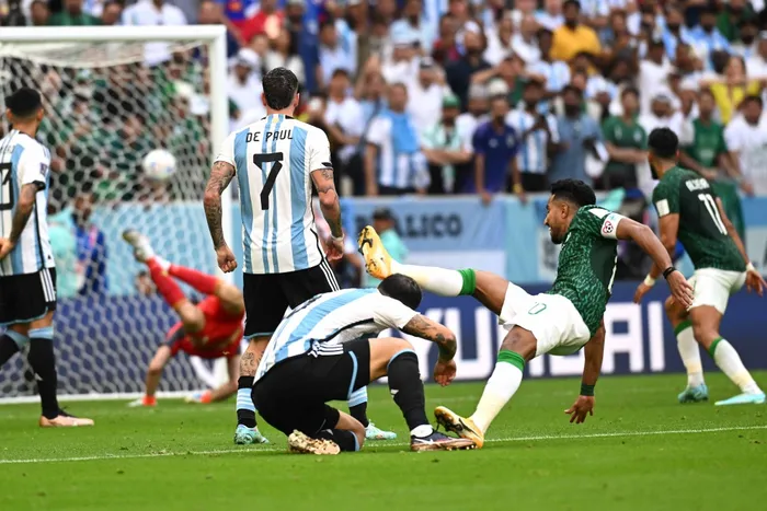 Saudi Arabia's Salem Al-Dawsari scoring his side's second goal during the Fifa World Cup Group C soccer match against Argentina in Qatar 2022.