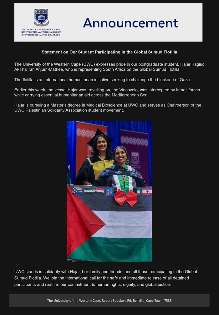 Radio presenter, Gadija Ahjum, is the mother of 22-year-old Masters student, Hajar Kagiso Al-Tha'irah, who has also been detained by Israeli forces, said that it is about the bigger cause.
