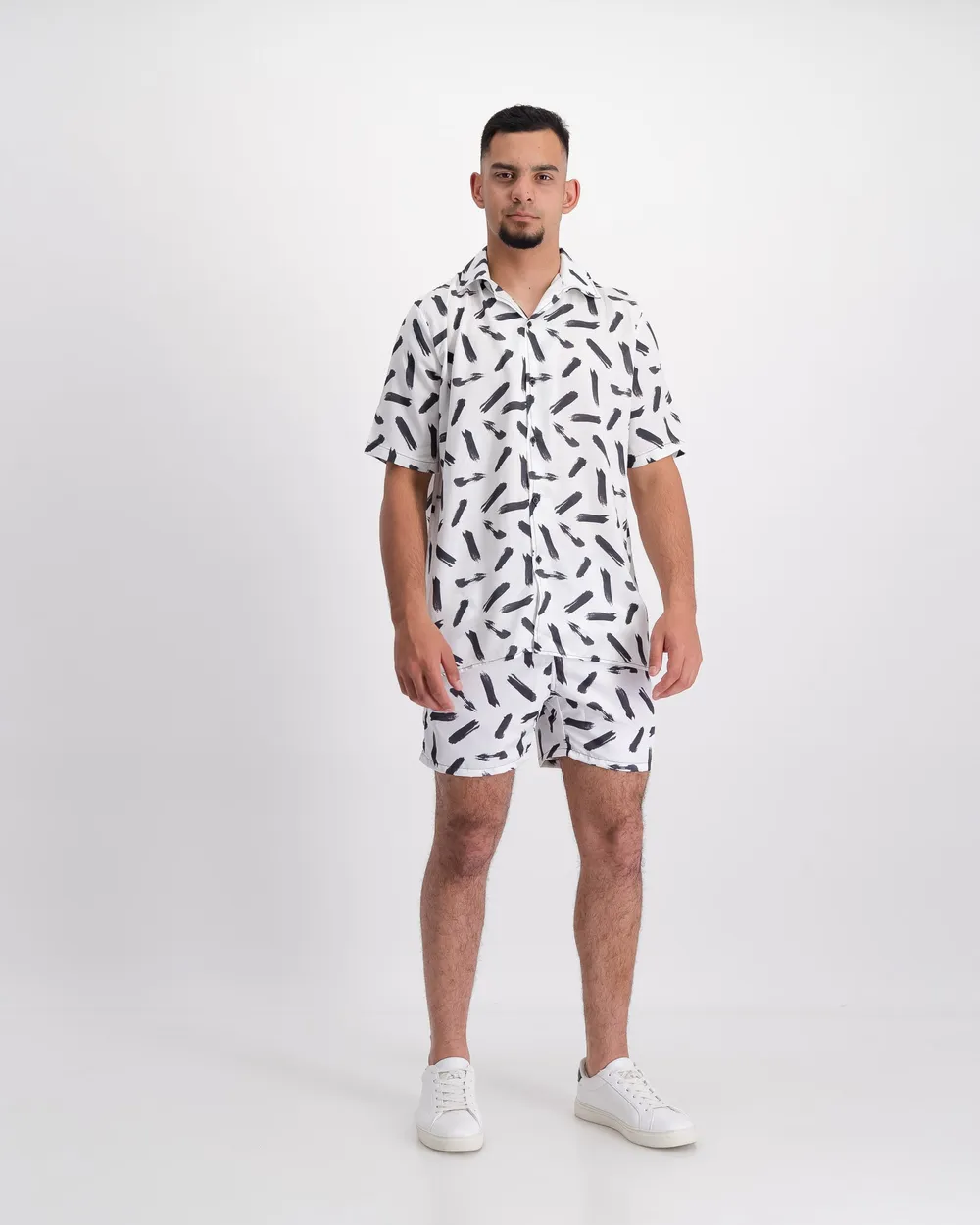 Geo print shirt and shorts.