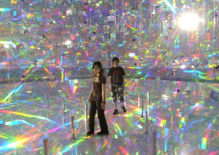 Two visitors walk through Japanese artist Hiro Yamagata's Quantum field X3 exhibition at the Guggenheim Museum in Bilbao, Spain. Techno-sceptics sense that human needs are getting lost in the tech frenzy. Picture: Jose Simal