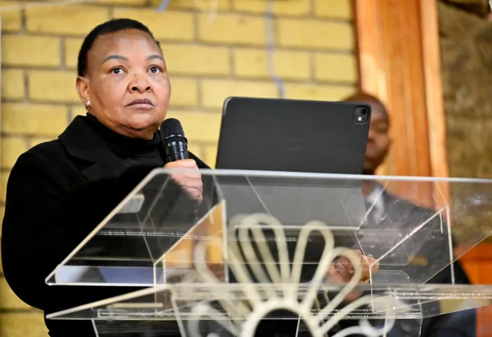 Deputy police minister Dr Polly Boshielo addresses mourners during the memorial service for slain police officers Constables Thapelo Tlomatsana and Simphiwe Sibeko at the Assemblies of Christ Lighthouse Community Church in Westdene on Wednesday.
