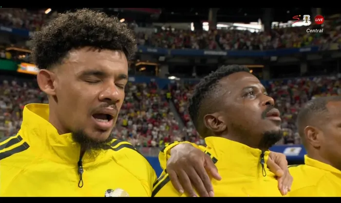 Teboho Mokoena with tears rolling down his face during the national anthem. 