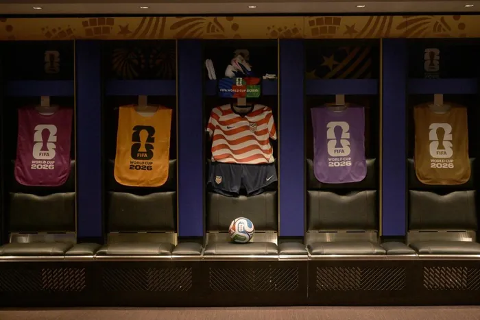Team A locker room is decorated with US national team jerseys, training bibs, and the official FIFA World Cup 2026 match ball "Trionda" during a media tour day at Kansas City Stadium (temporarily renamed Arrowhead Stadium) in Kansas City, Missouri on June 8, 2026.
Kansas City will host six football matches during the 2026 FIFA World Cup.