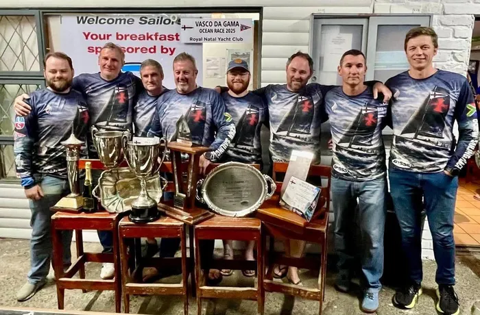 The winning crew of Regardless 2, the first yacht to complete the 2026 Vasco da Gama Yacht Race. 