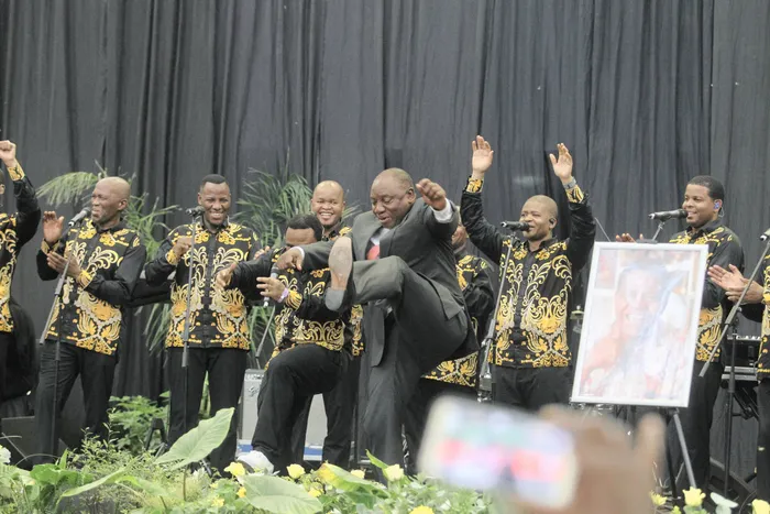 President Cyril Ramaphosa joins in a dance on stage with Ladysmith Black Mambazo as they perform during their leader Joseph Shabalala’s funeral in Ladysmith yesterday. Picture: Doctor Ngcobo/African News Agency (ANA)