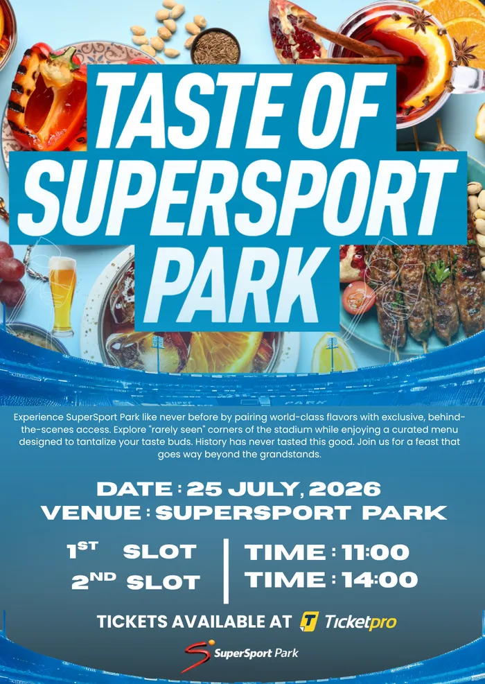 Join us on 25 July 2026 for the Taste of SuperSport Park, a unique food and beverage festival celebrating 40 years of SuperSport Park. Experience exclusive tastings, family-friendly entertainment, and a leisurely exploration of one of South Africa's iconic cricket venues.
