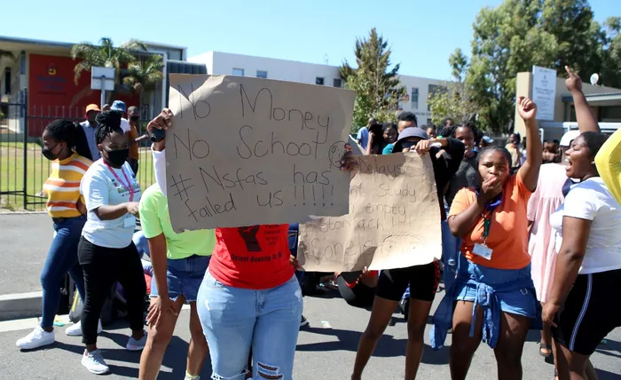 Students protest against the National Student Financial Aid Scheme (NSFAS) outside the Bellville campus of Northlink TVET College in this March 2021 file picture. A  study has found that funding delays, communication gaps and system failures continue to leave students experiencing stress and uncertainty as they pursue higher education.