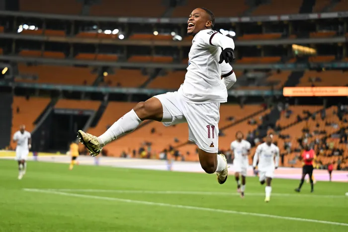 Stellenbosch FC's Langelihle Phili celebrates his goal against Kaizer Chiefs this past season.