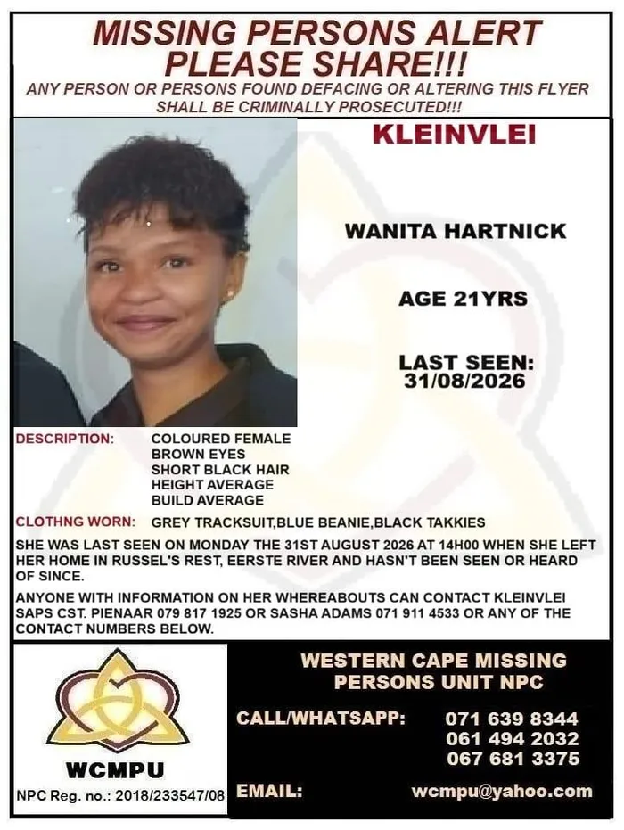 The missing persons flyer circulating across Cape Town. 
