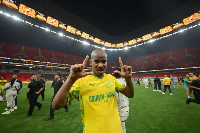 Mamelodi Sundowns' Jayden Adams celebrates victory after the CAF Champions League second leg final t Prince Moulay Abdellah Stadium in Rabat, Morocco