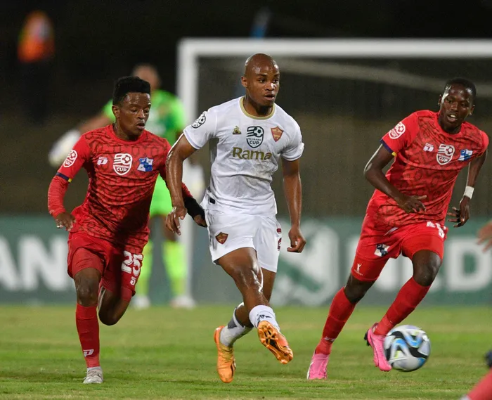 ATHENKOSI Mcaba of Stellenbosch FC showing his class against Milford players during the 2024 Nedbank Cup Round of 16 match at Princess Magogo Stadium on Friday night. | BackpagePix