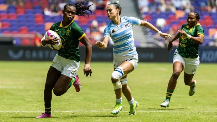 Springbok Women's Sevens flyer Maria Tshiremba scored their second try against Fiji in their final Pool B match at the Valladolid Sevens in Spain on Saturday.