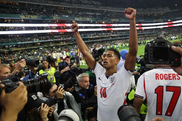 Jude Bellingham celebrates England's 3-2 Fifa World Cup Round of 16 victory over co-hosts Mexico at Azteca Stadium in Mexico City.